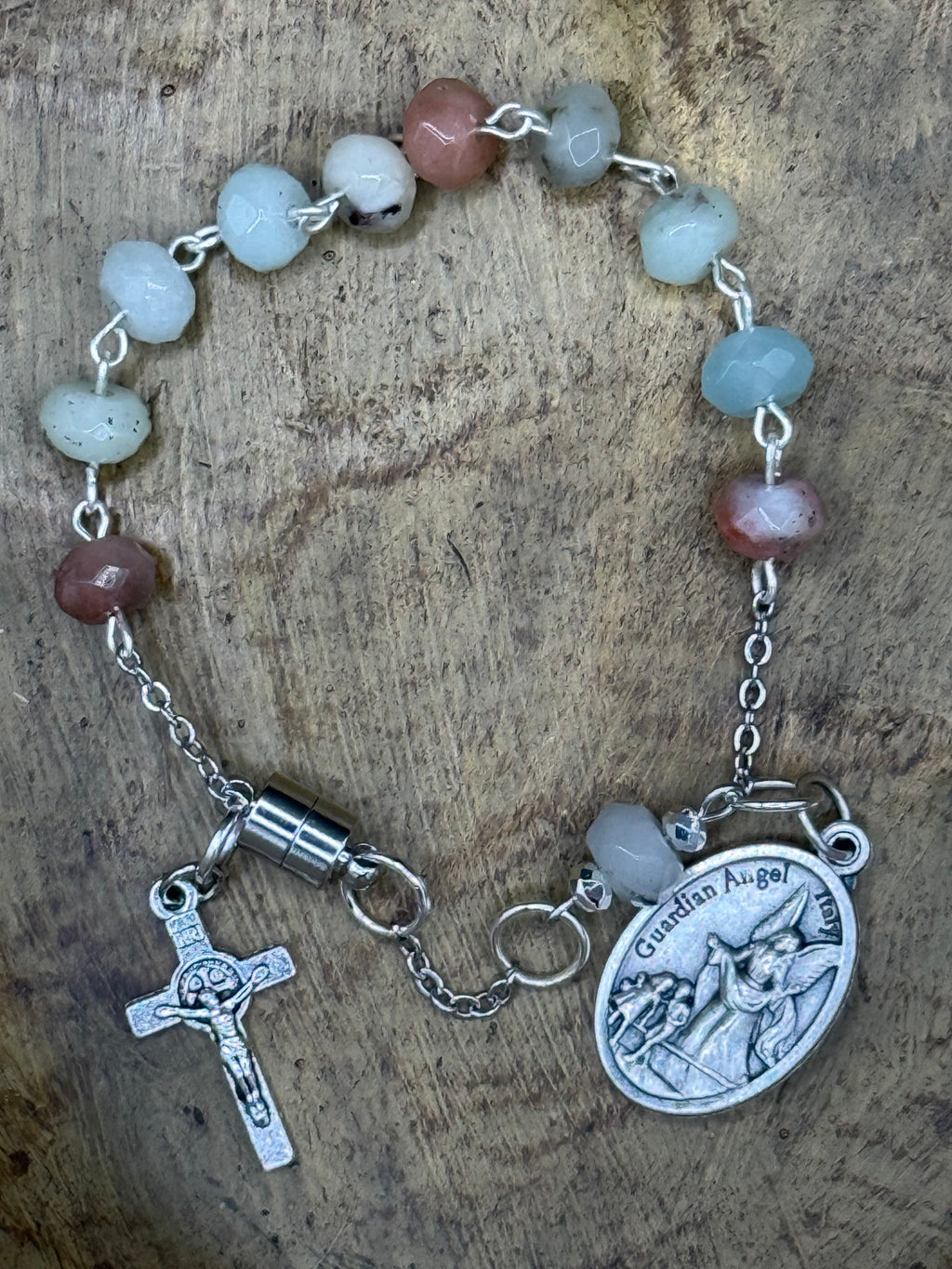 Handmade Catholic Rosary Bracelet, Gemstone Beaded One Decade Rosary, Religious Protection Jewelry with Crucifix Charm, Magnetic Clasp, First Communion Gift