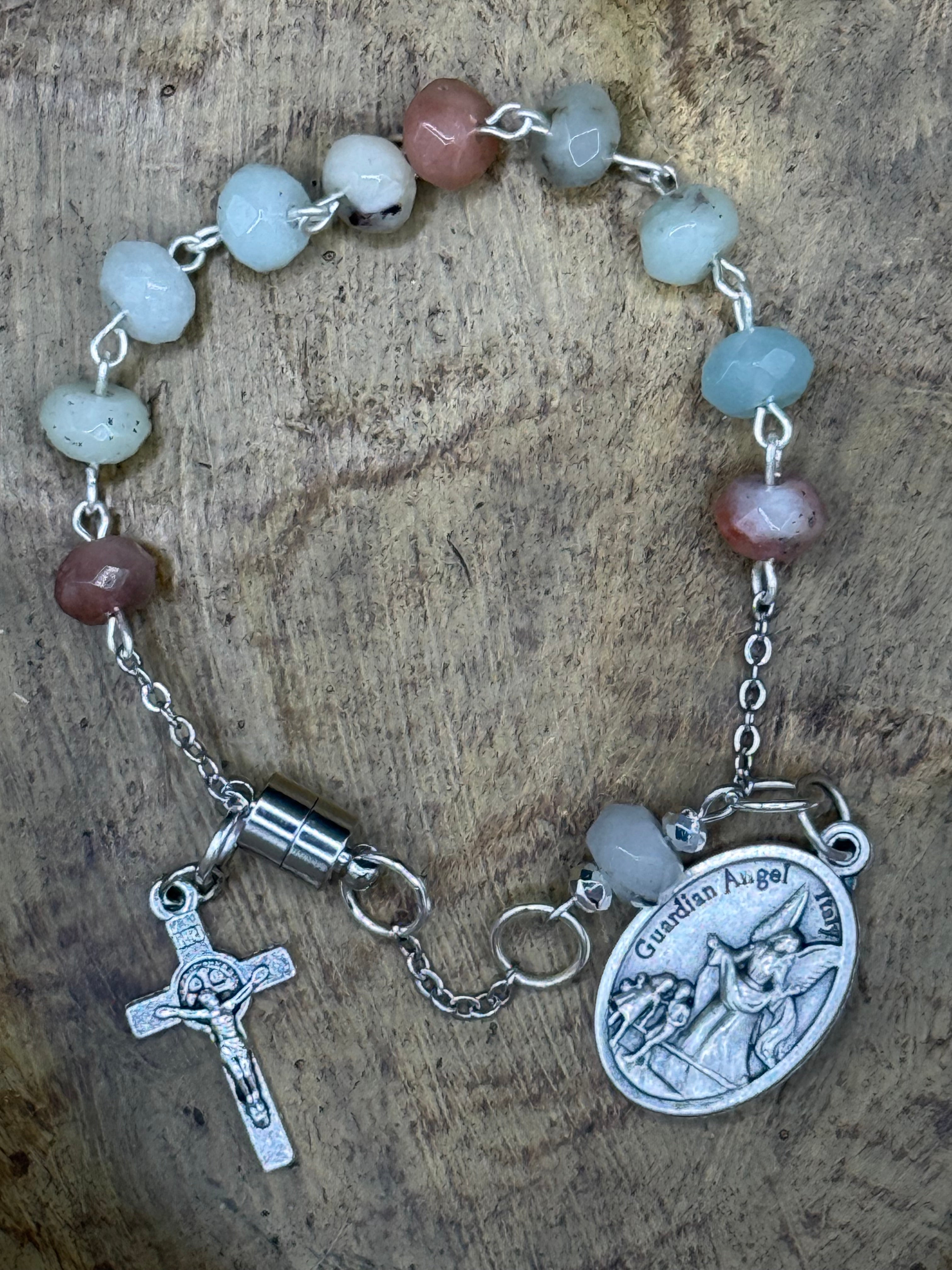 Handmade Catholic Rosary Bracelet, Gemstone Beaded One Decade Rosary, Religious Protection Jewelry with Crucifix Charm, Magnetic Clasp, First Communion Gift