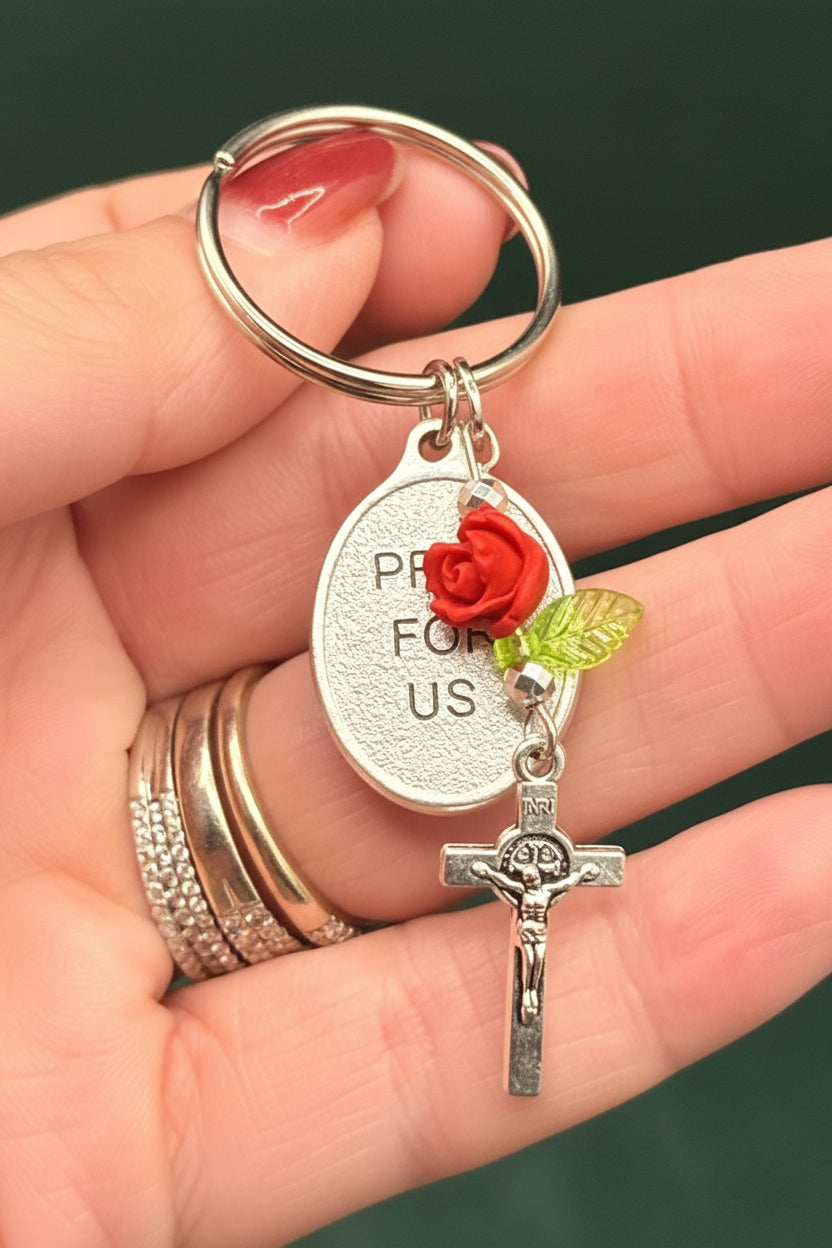 Handmade Catholic Keychain with Our Lady of the Rosary Medal, Crucifix, and Rose Charm