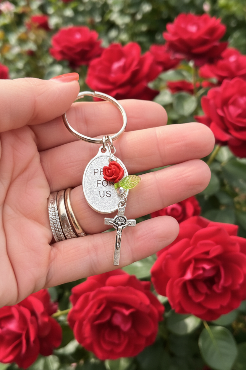 Handmade Catholic Keychain with Our Lady of the Rosary Medal, Crucifix, and Rose Charm
