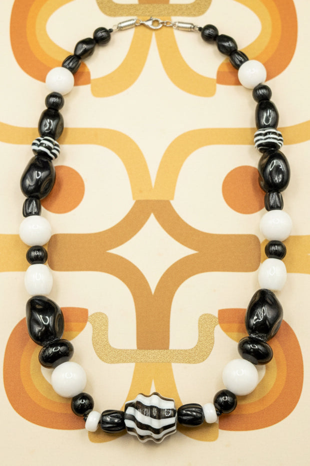 Vintage Monochrome Art Glass Statement Necklace | Black & White Striped Beaded Choker