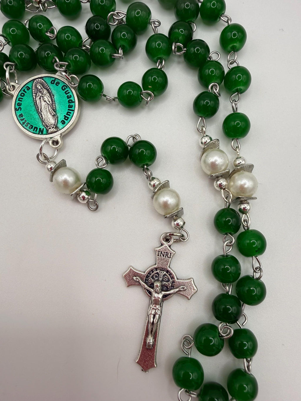 Emerald Green Glass Bead Rosary with Pearl Like Accents | Miraculous Medal Center | St. Benedict Crucifix