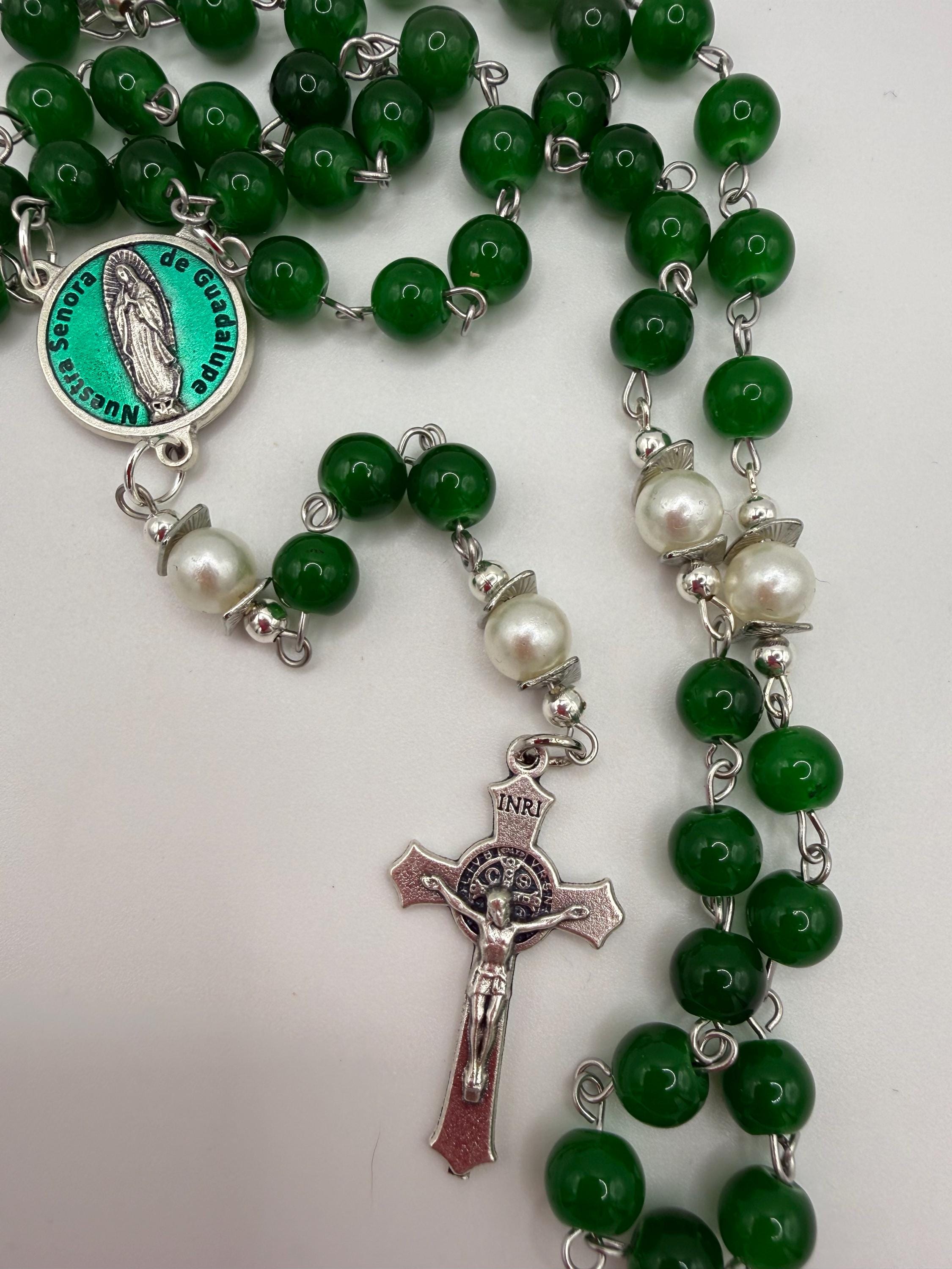 Emerald Green Glass Bead Rosary with Pearl Like Accents | Miraculous Medal Center | St. Benedict Crucifix