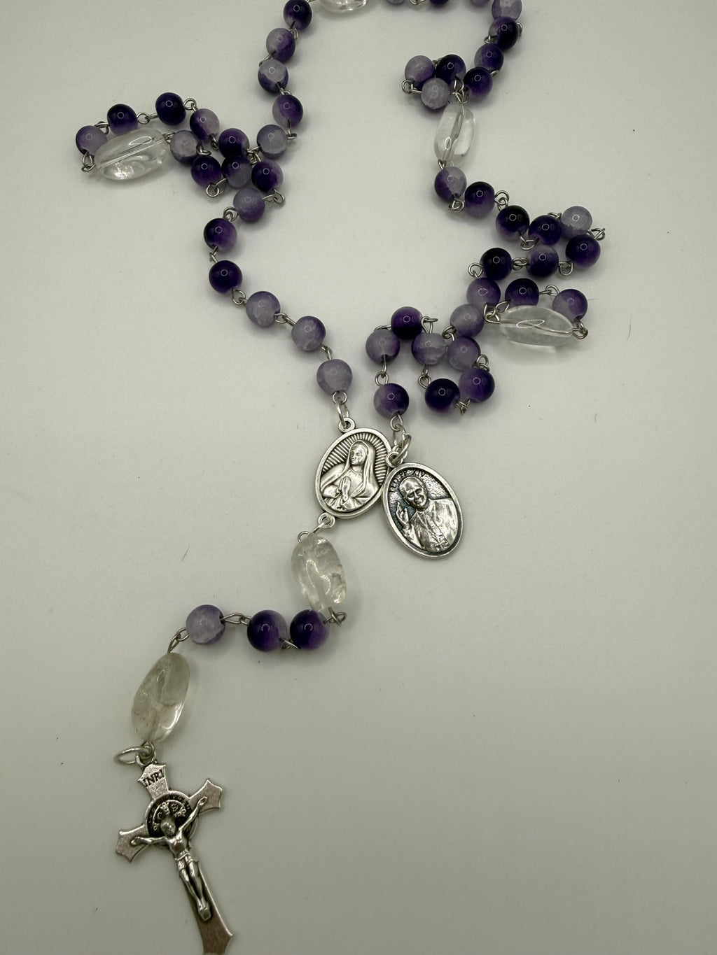 Purple Cracked Glass Rosary with Clear Quartz, Blessed Mother & St. Pope Leo Medal