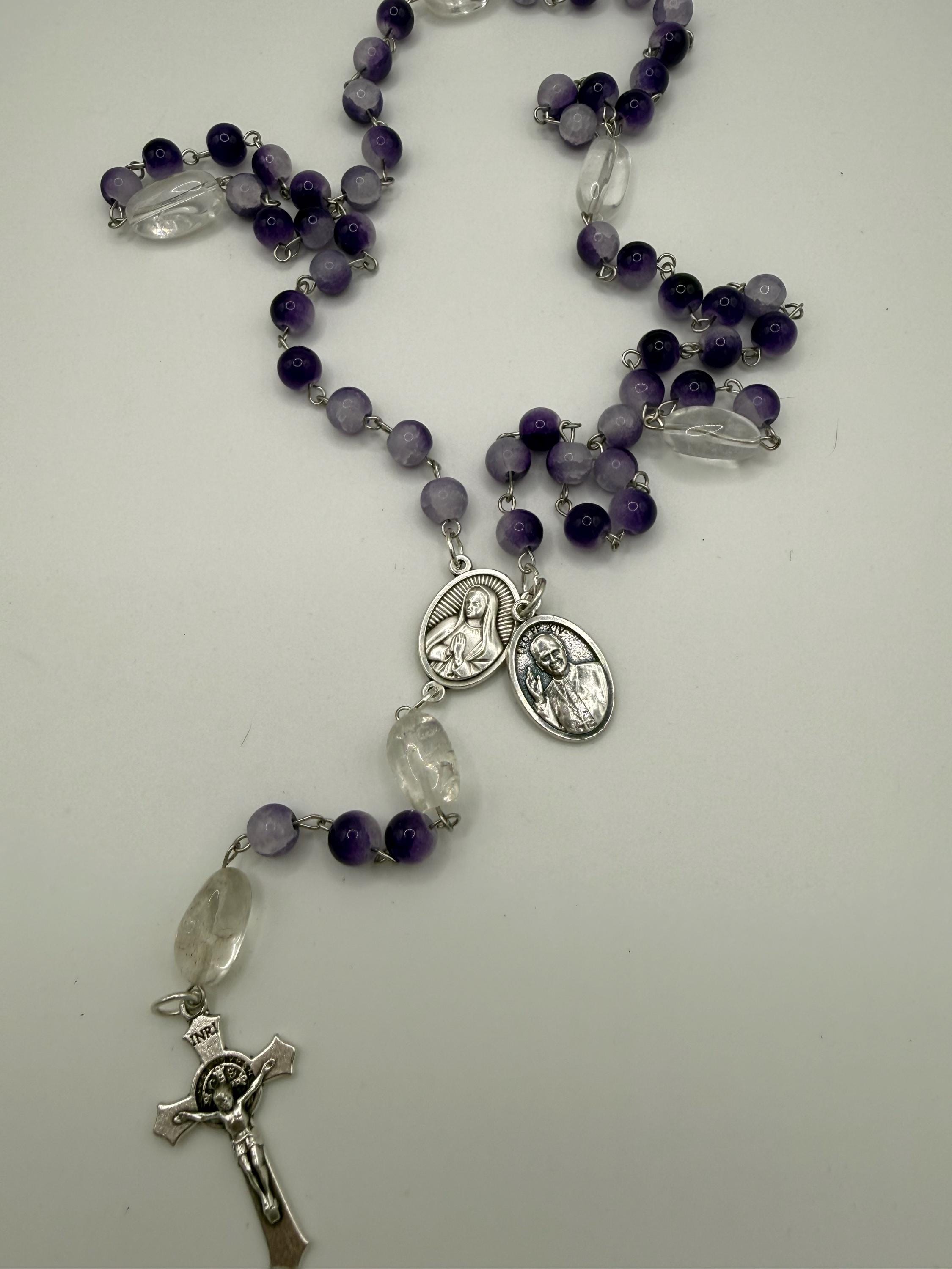 Purple Cracked Glass Rosary with Clear Quartz, Blessed Mother & St. Pope Leo Medal