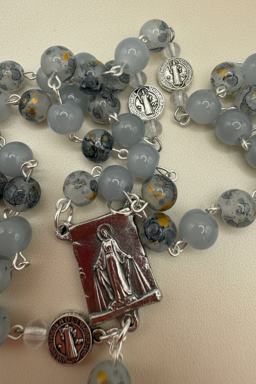 Gray Glass Rosary, Miraculous Medal, St. Benedict Accents, Silver Crucifix