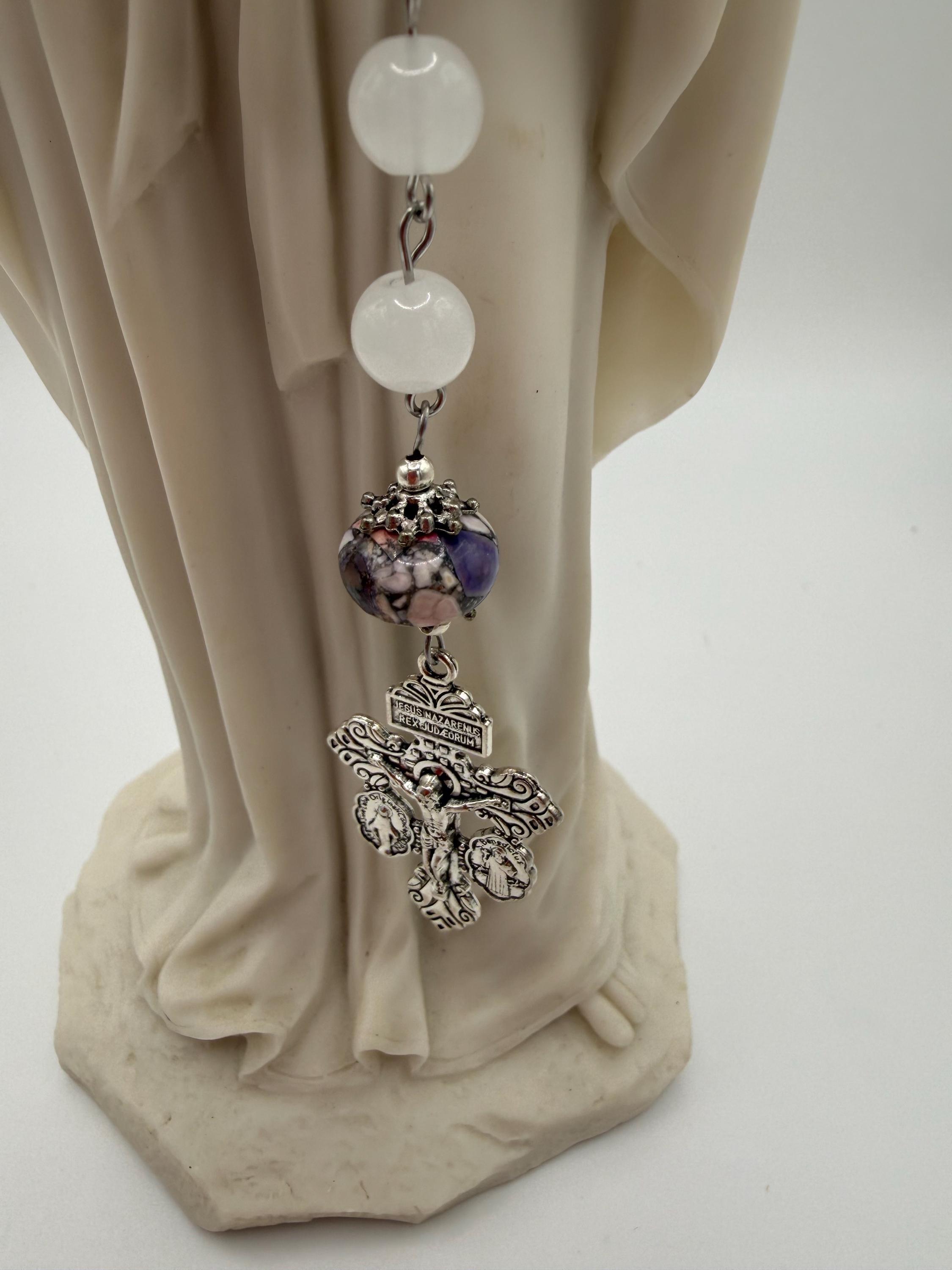 White Stone Rosary with Silver-Capped Accent Marble “Our Father” Beads.