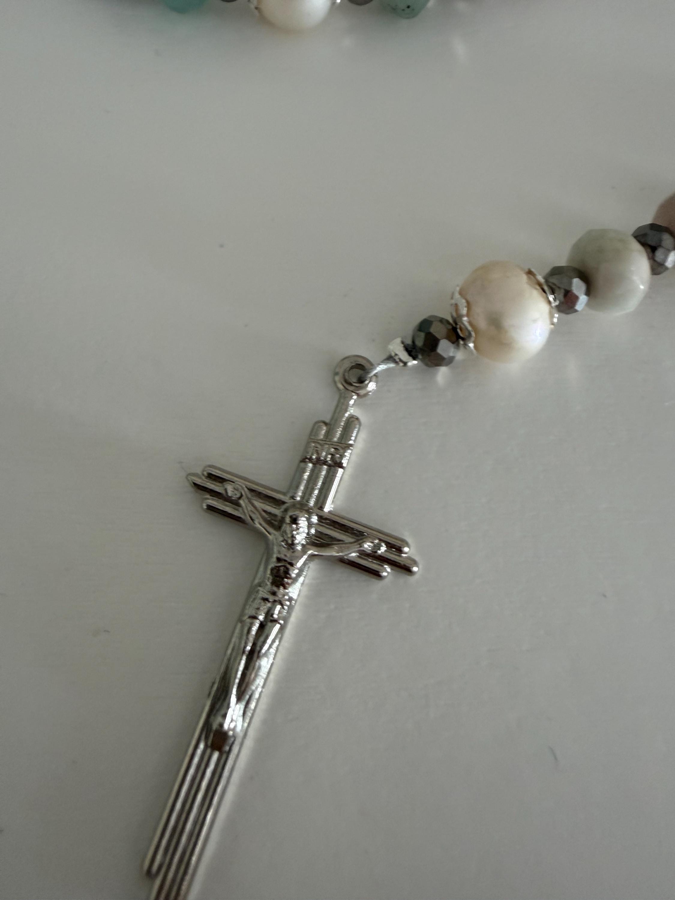 Title: Earth and Sea Natural Stone Rosary with Triple Nail Crucifix
