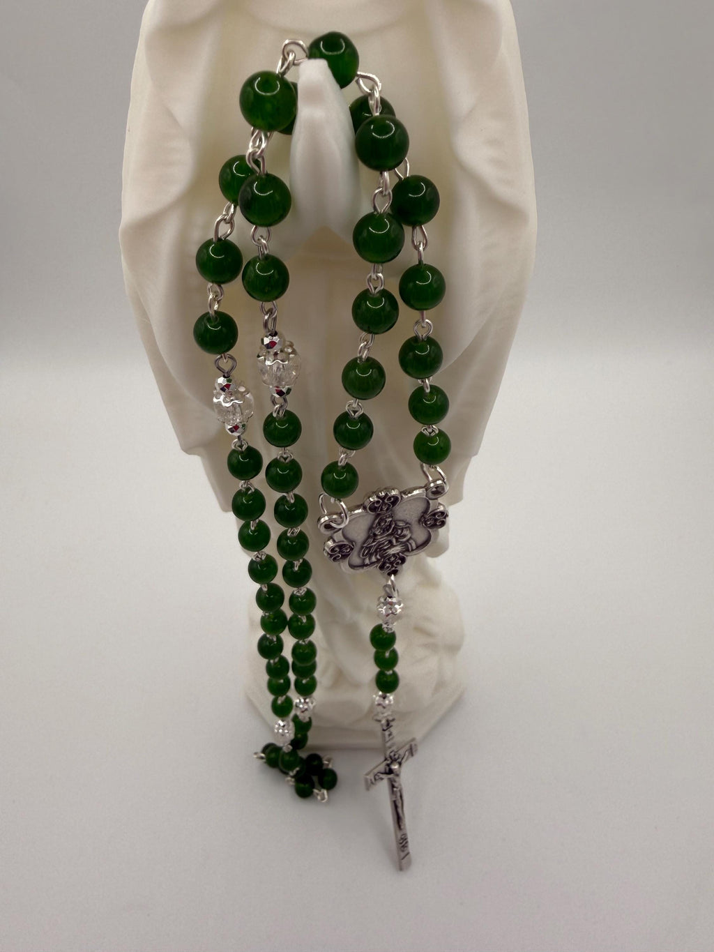 Handmade Green Rosary - Catholic Prayer Beads with Silver Madonna Centerpiece