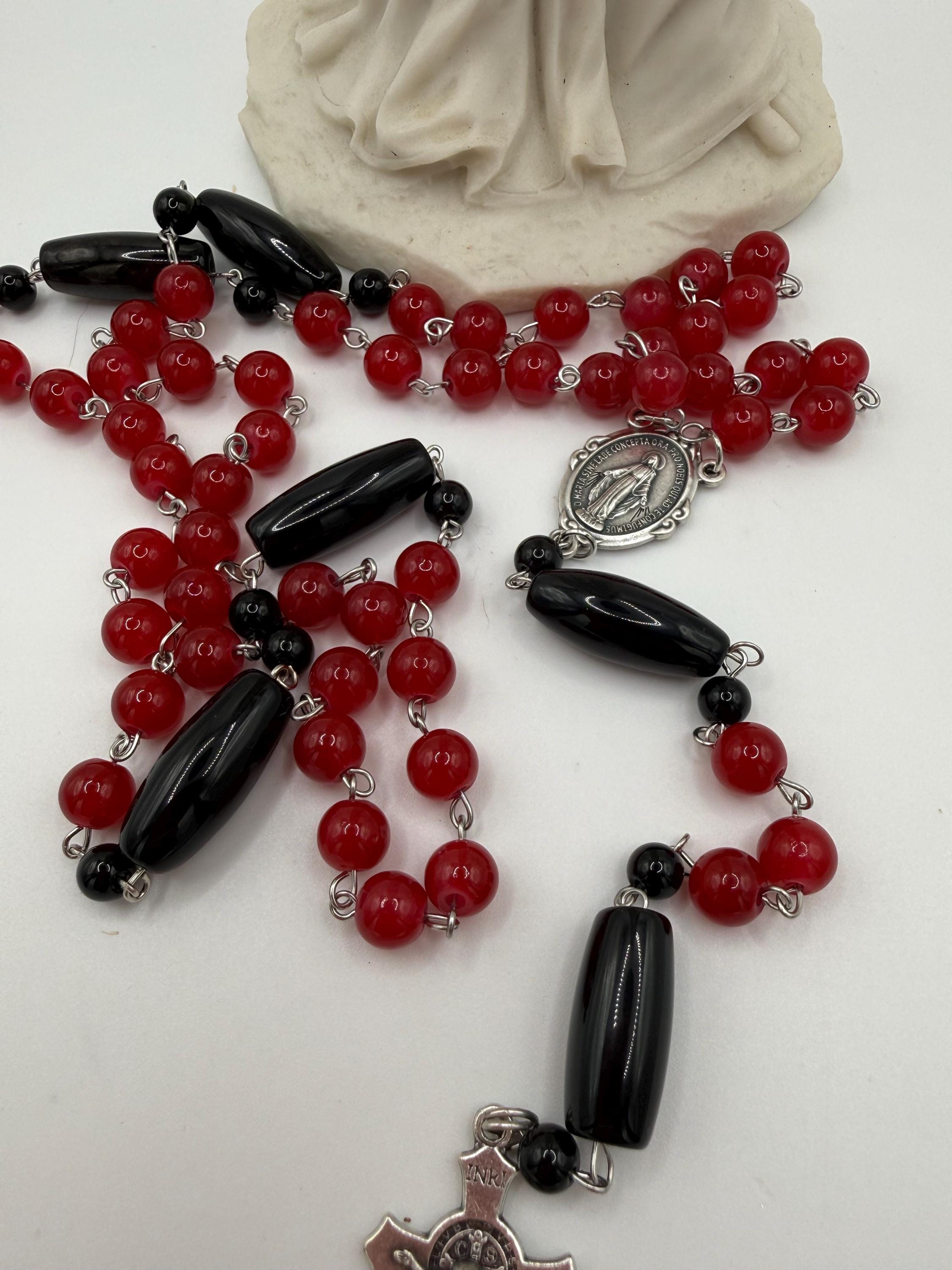 Catholic Red Glass Beads and Vintage Black Agate Beads