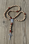 Wooden Rosary, Red Crystal Spacers, Rose Our Father Beads