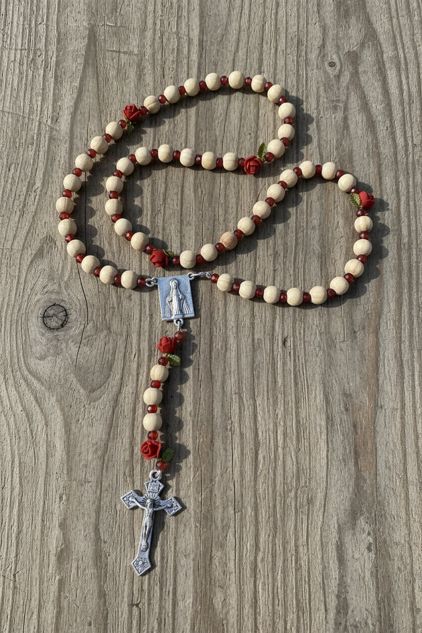 Wooden Rosary, Red Crystal Spacers, Rose Our Father Beads