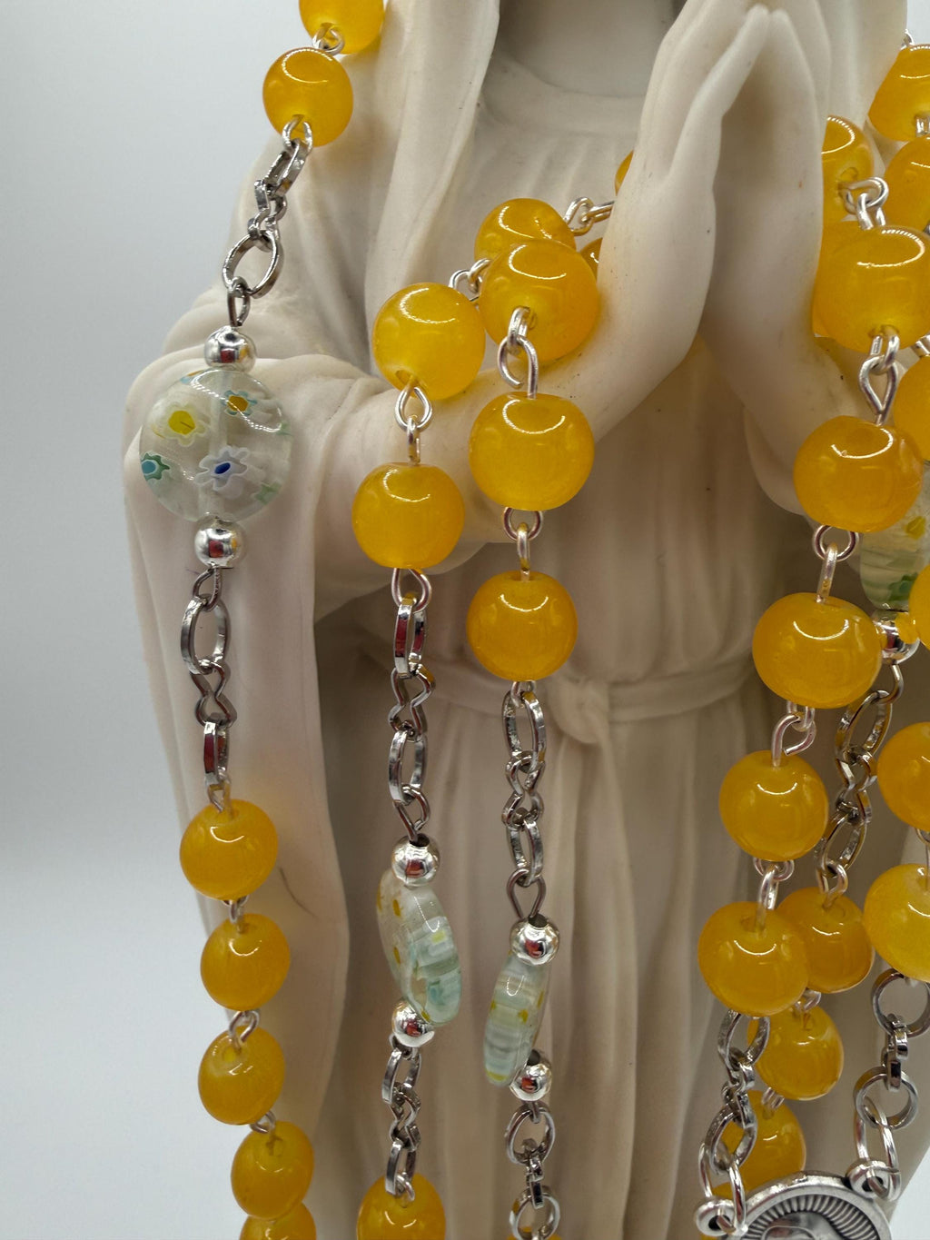 Yellow and White Floral Rosary with Mother Mary Centerpiece