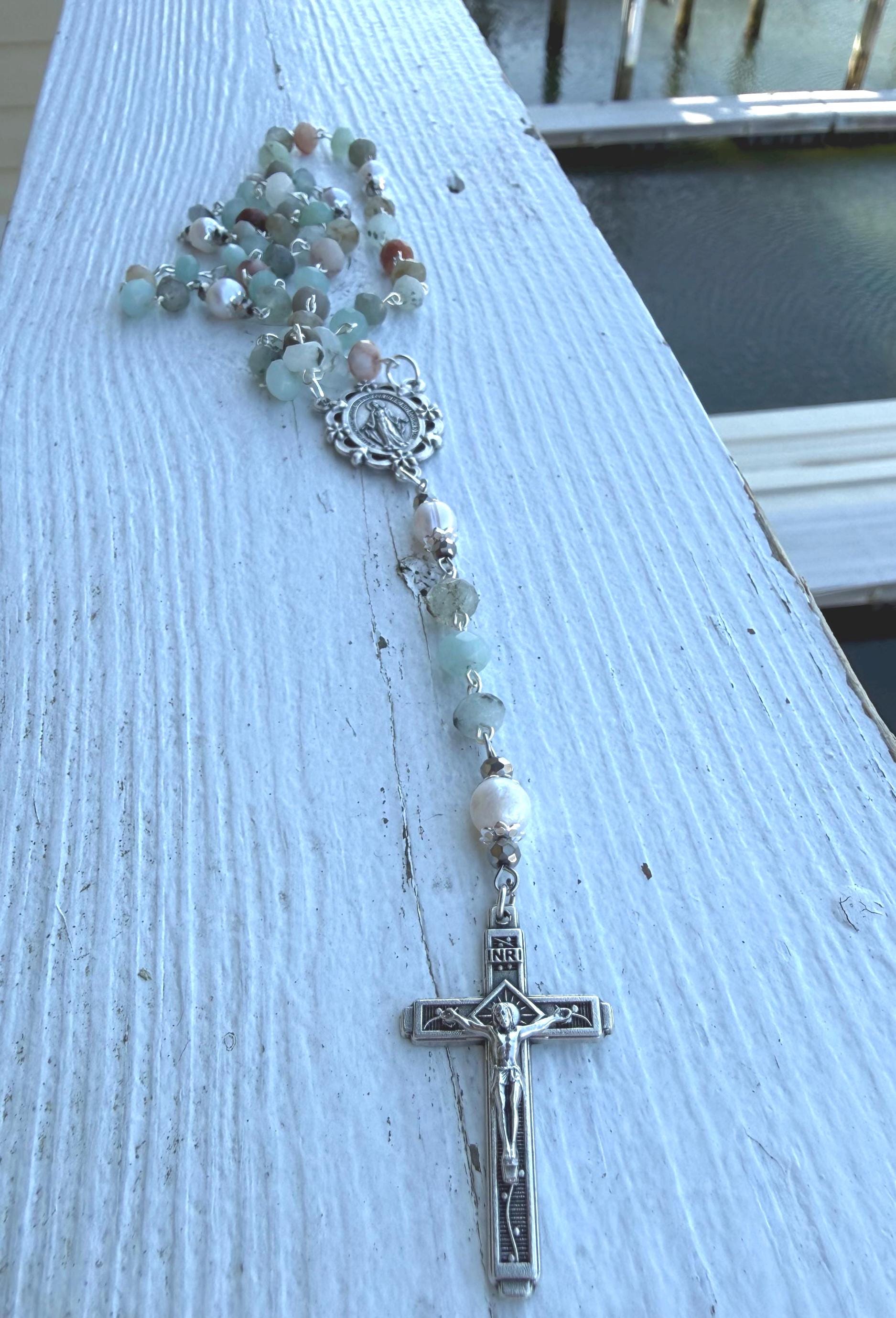 Title: Earth and Sea Natural Stone Rosary with Triple Nail Crucifix