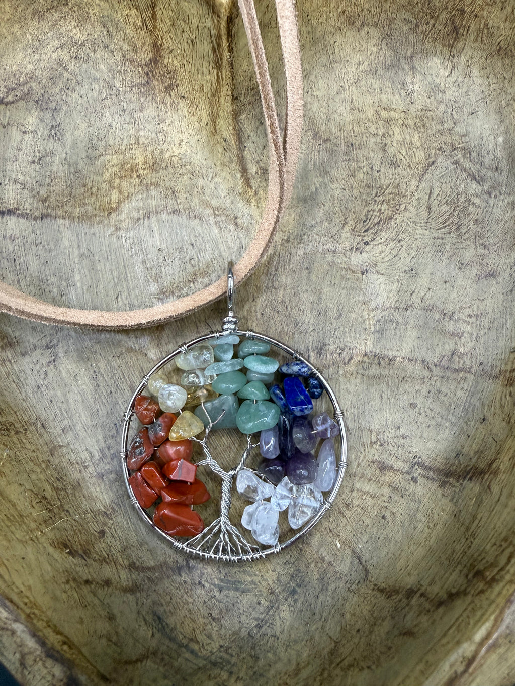 Chakra Tree of Life Pendant Necklace, Wire Wrapped Rainbow Crystal Chip Pendant on Tan Suede Cord, Boho Chic Spiritual Gemstone Jewelry
