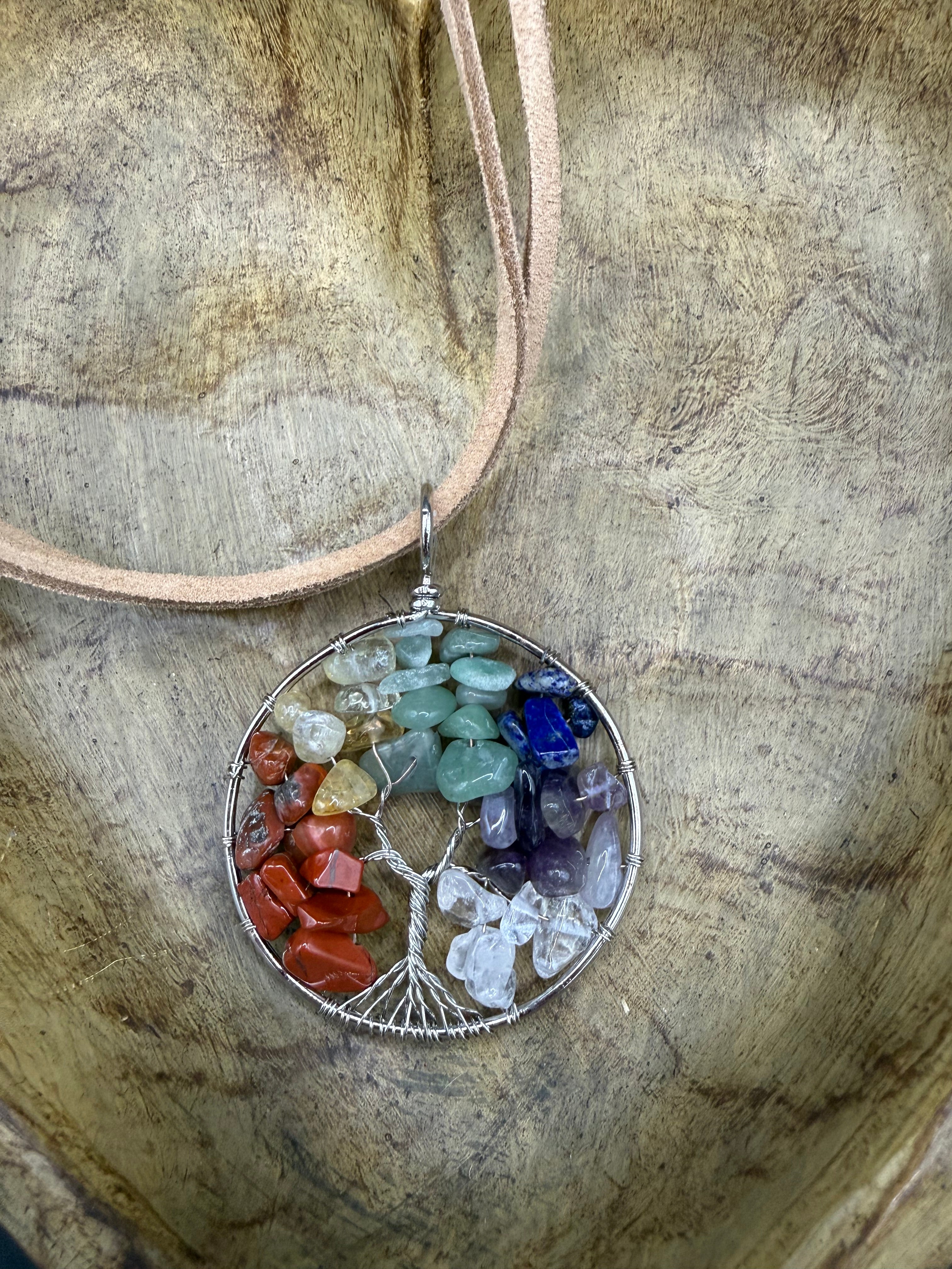 Chakra Tree of Life Pendant Necklace, Wire Wrapped Rainbow Crystal Chip Pendant on Tan Suede Cord, Boho Chic Spiritual Gemstone Jewelry