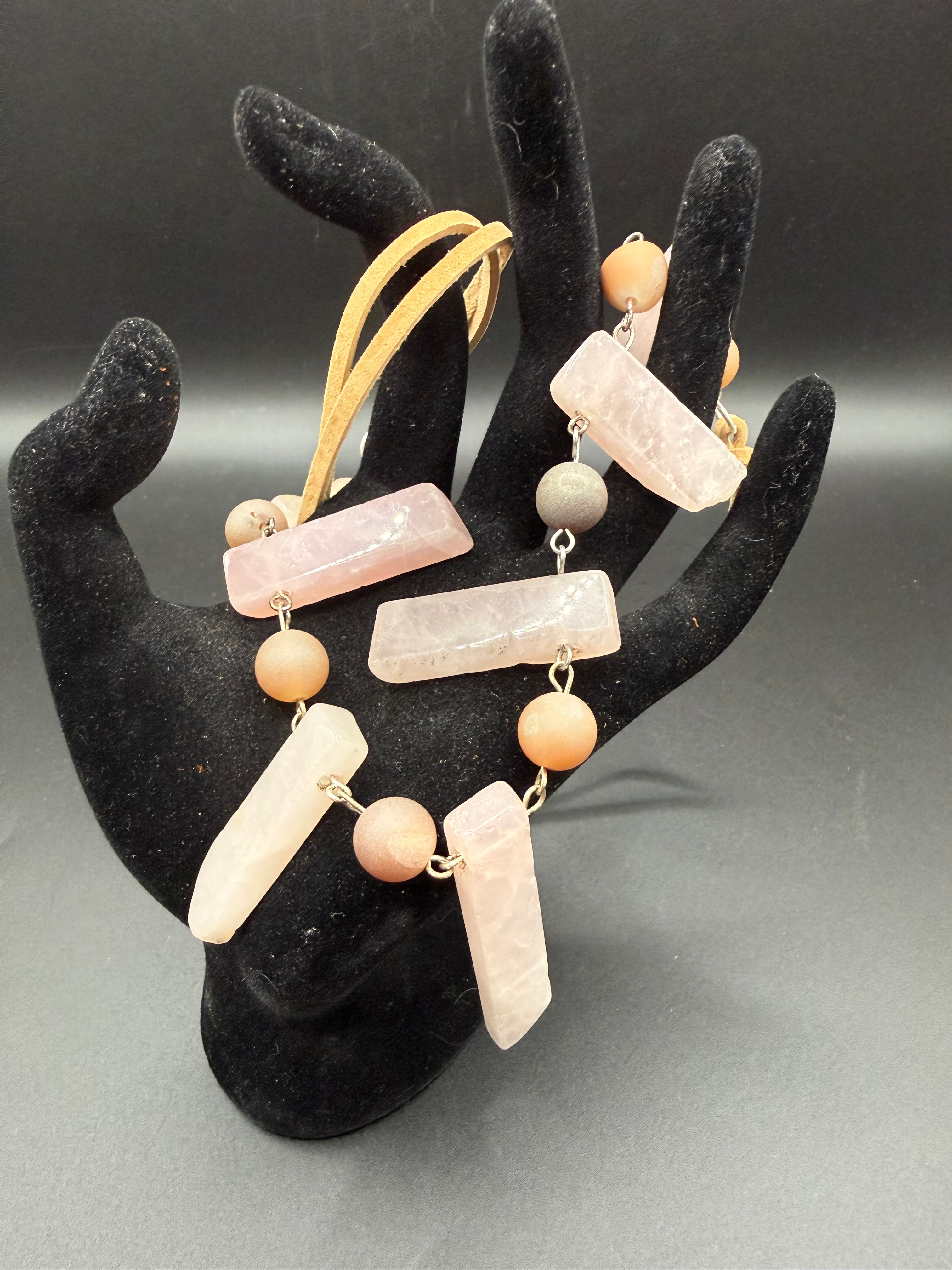 Rose Quartz Bib Necklace | Natural Stone Slab Statement Necklace | Boho Crystal Jewelry