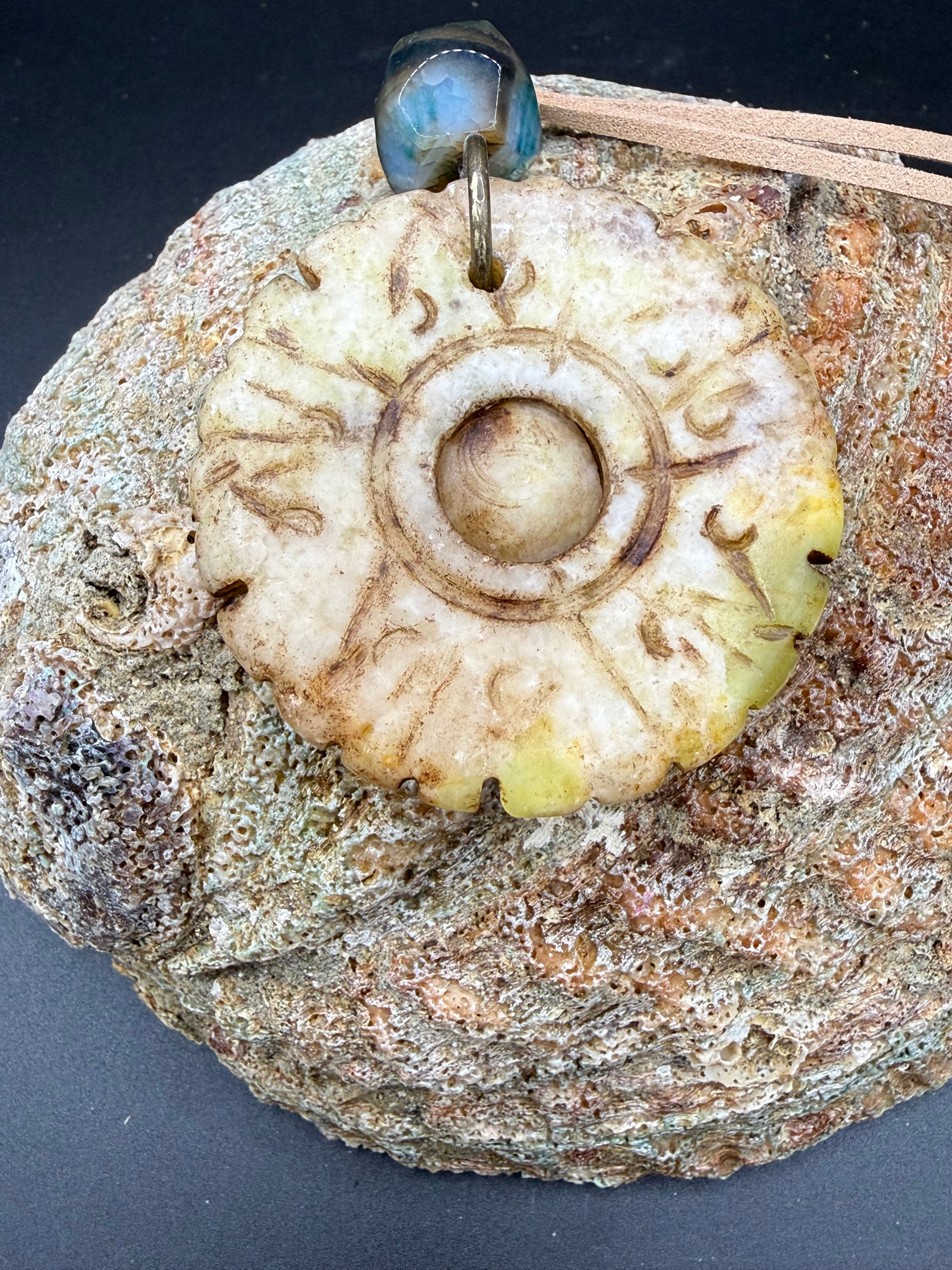 Handcrafted Bohemian Stone Pendant Necklace | Earthy Carved Disc & Agate Bead on Suede Cord
