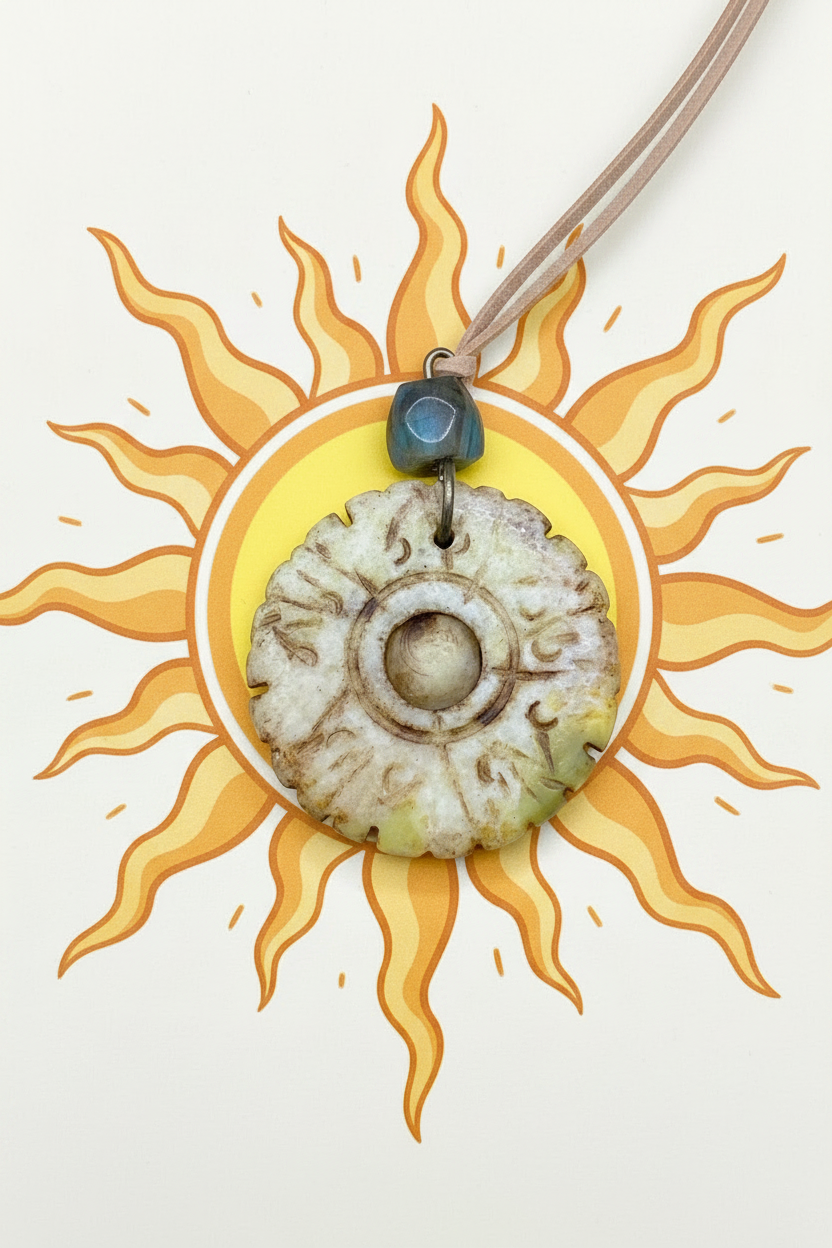 Handcrafted Bohemian Stone Pendant Necklace | Earthy Carved Disc & Agate Bead on Suede Cord