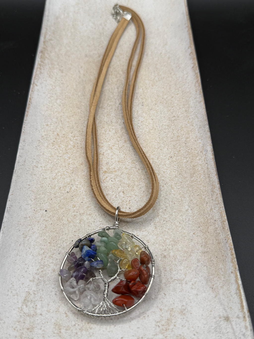 Chakra Tree of Life Pendant Necklace, Wire Wrapped Rainbow Crystal Chip Pendant on Tan Suede Cord, Boho Chic Spiritual Gemstone Jewelry
