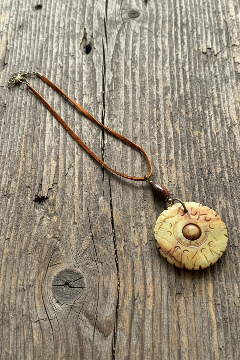 Carved Serpentine Jade Bi Disc Pendant Necklace | Tiger Iron Gemstone Boho Amulet