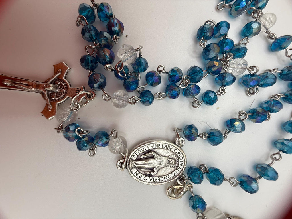 Blue Crystal Rosary with INR Crucifix and Rosary Tracker