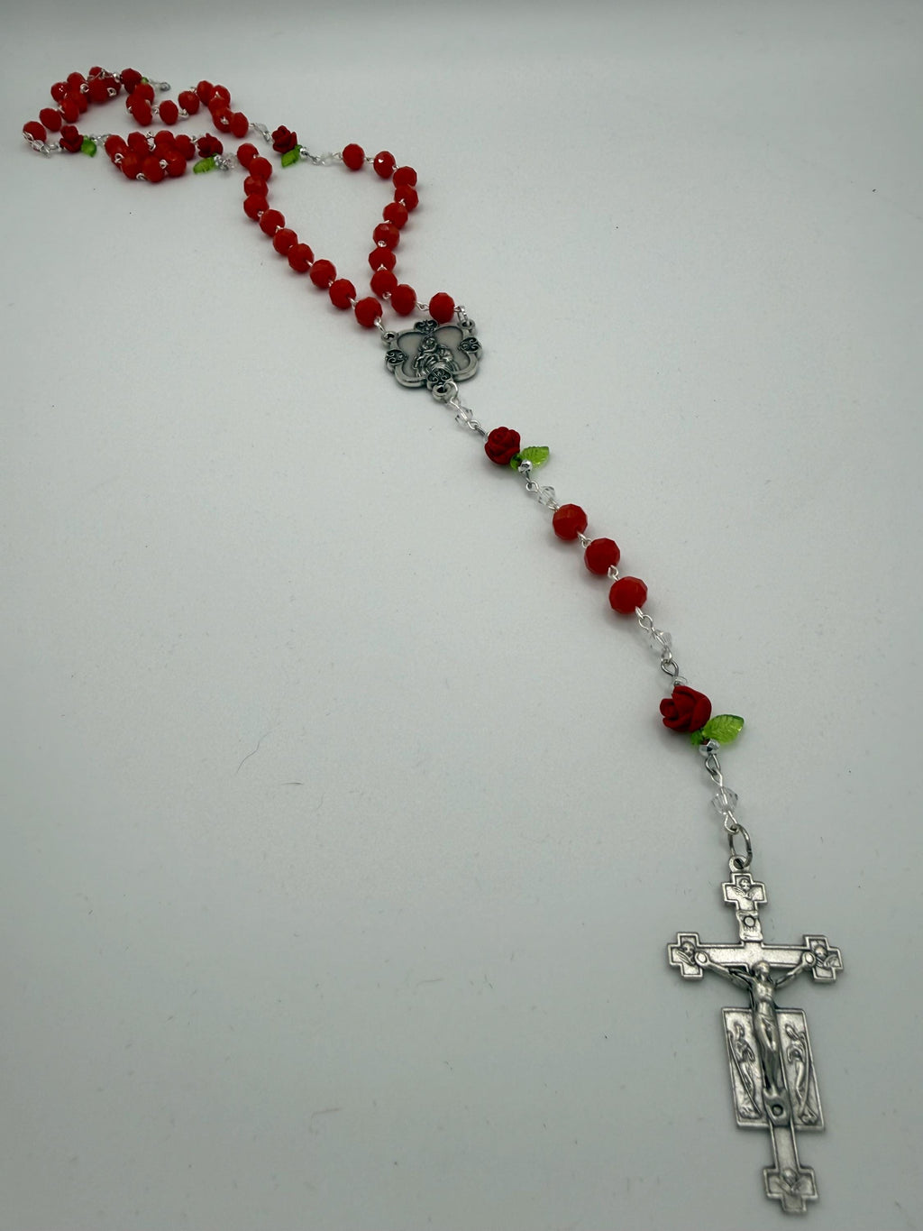 Red Crystal Rosary with Rose Beads - Handmade Devotional Gift