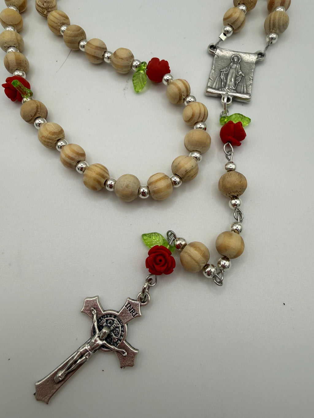 Wooden Rosary, Silver-toned Spacers, Red Rose  “Our Father Beads”