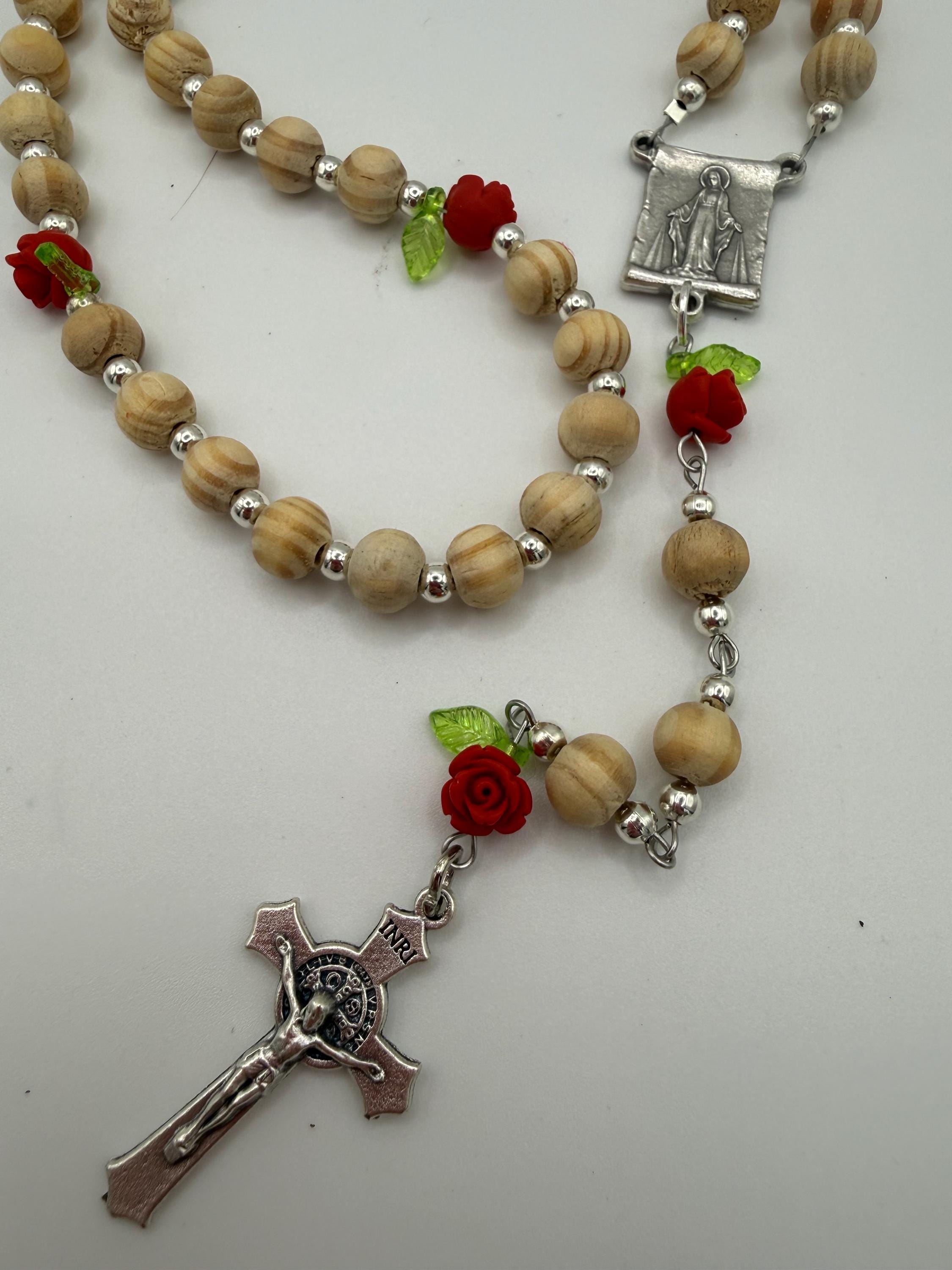 Wooden Rosary, Silver-toned Spacers, Red Rose  “Our Father Beads”