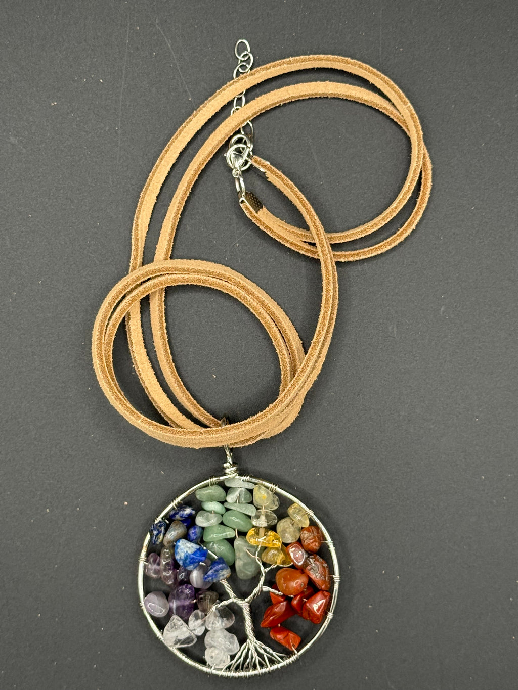 Chakra Tree of Life Pendant Necklace, Wire Wrapped Rainbow Crystal Chip Pendant on Tan Suede Cord, Boho Chic Spiritual Gemstone Jewelry