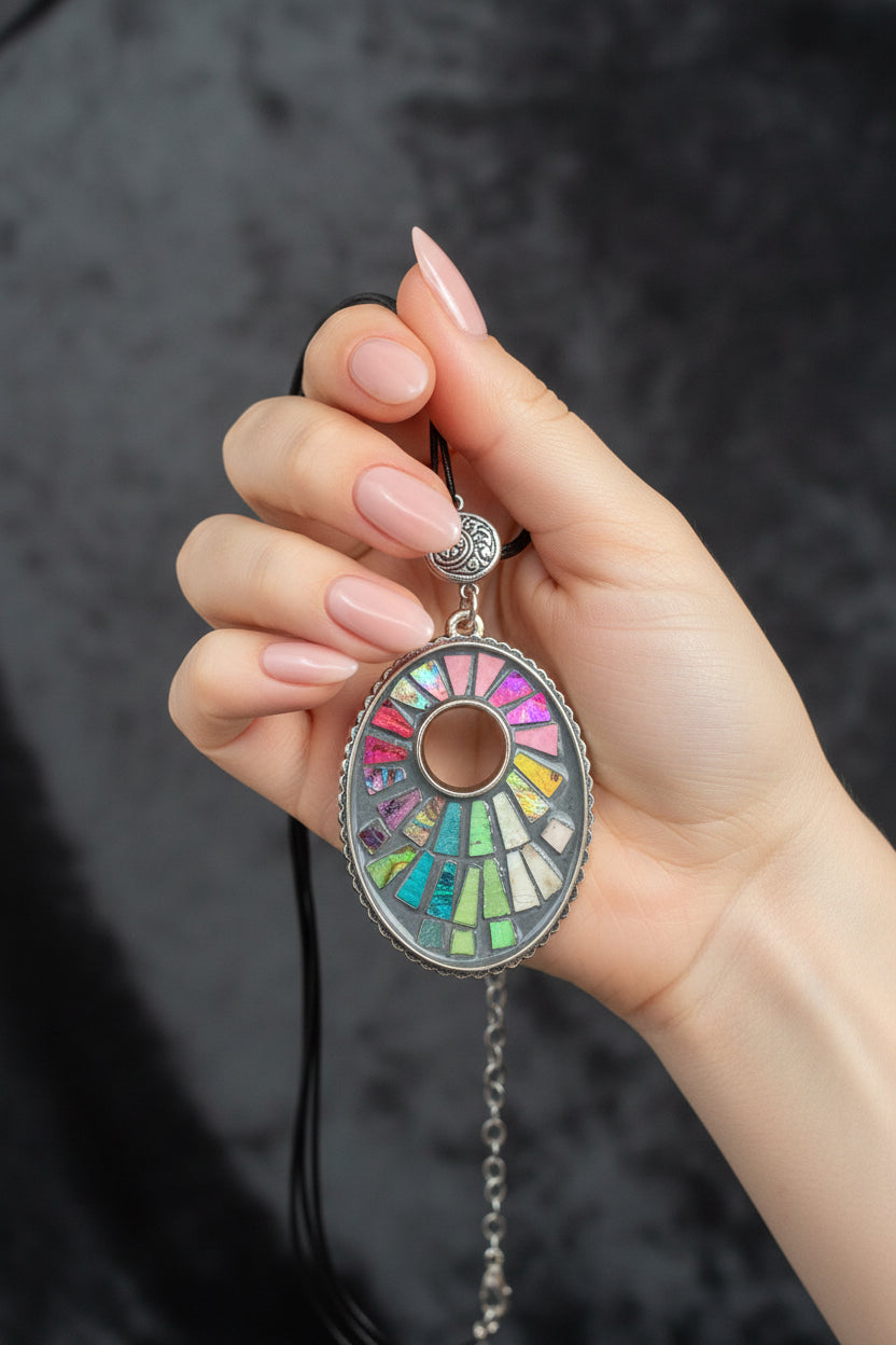Colorful Mosaic Pendant Necklace, Rainbow Stained Glass Style Choker, Multi Strand Black Cord