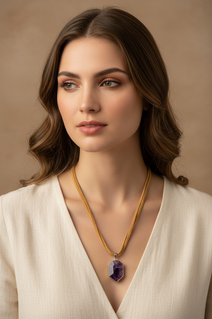 Raw Amethyst Crystal Pendant Necklace | Boho Multi-Strand Cord