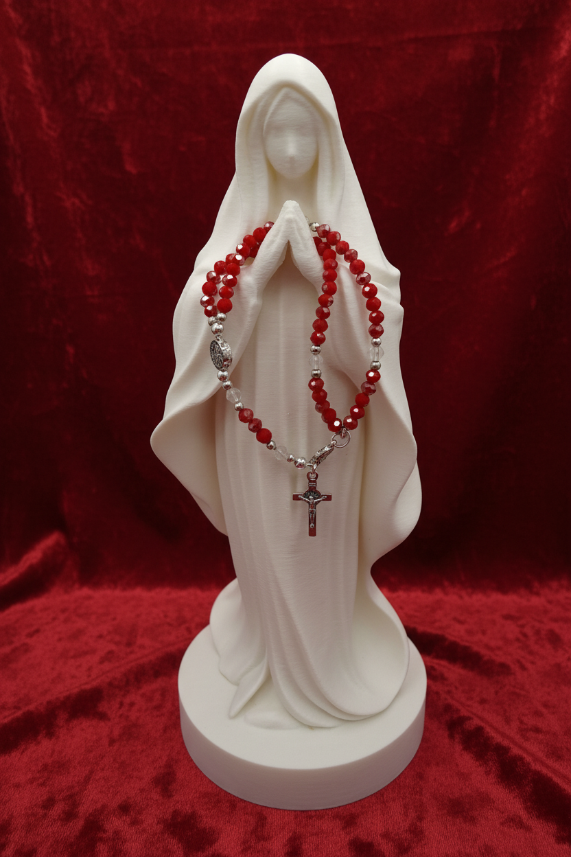 Red Crystal Rosary Bracelet – Miraculous Medal & Silver Crucifix | Handmade Catholic Gift