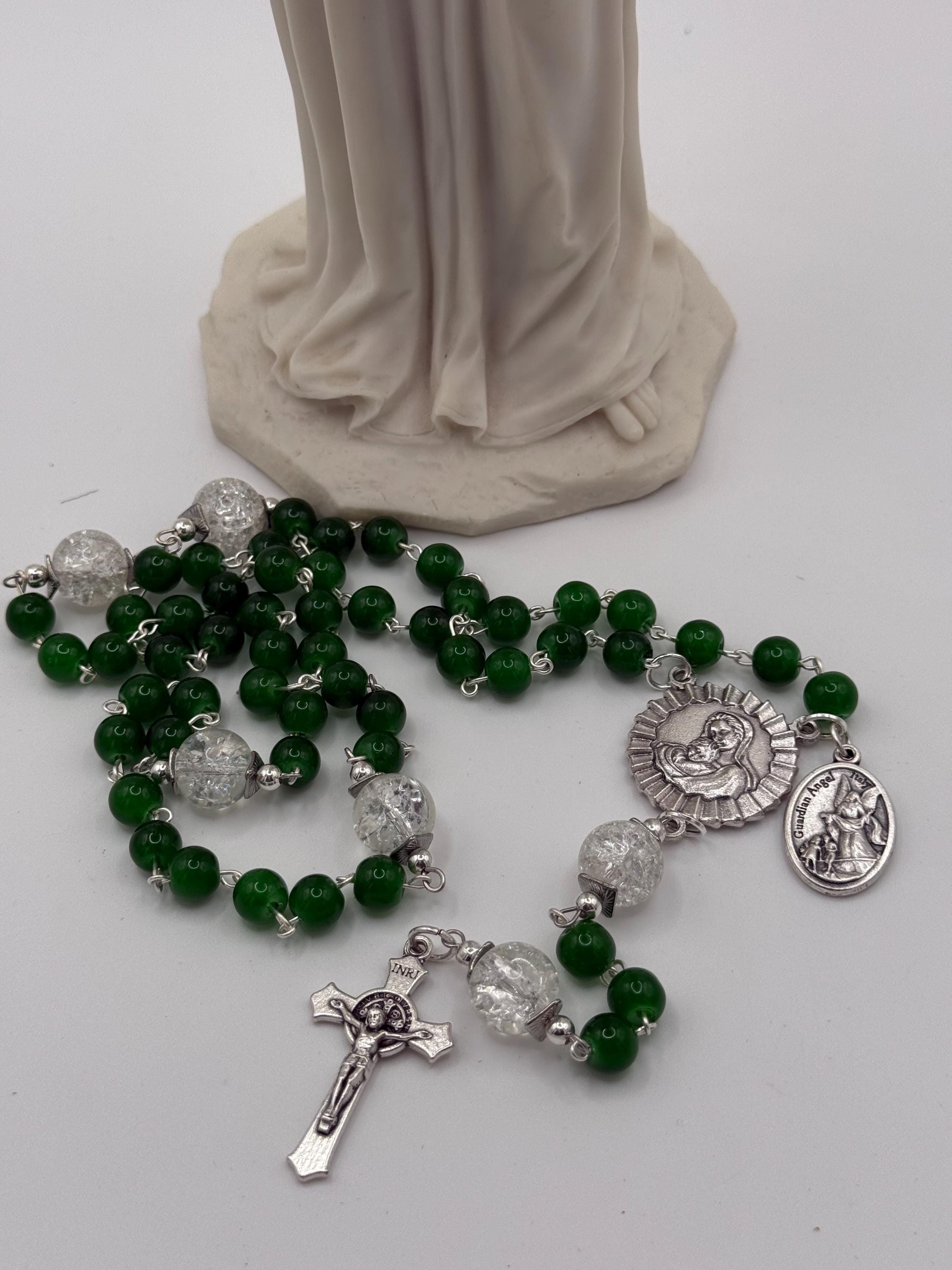Handmade Green Rosary with Crackle Glass Beads, Miraculous Medal & Crucifix