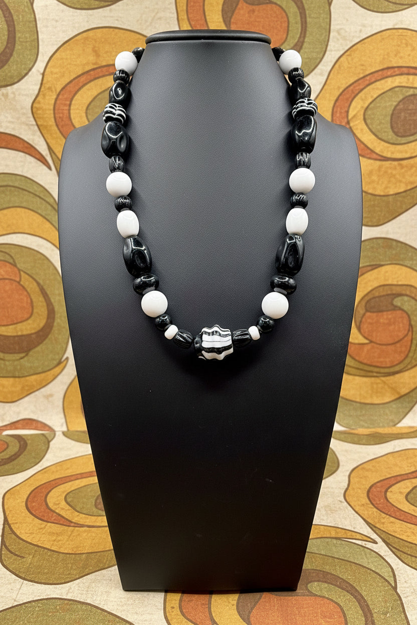 Vintage Monochrome Art Glass Statement Necklace | Black & White Striped Beaded Choker