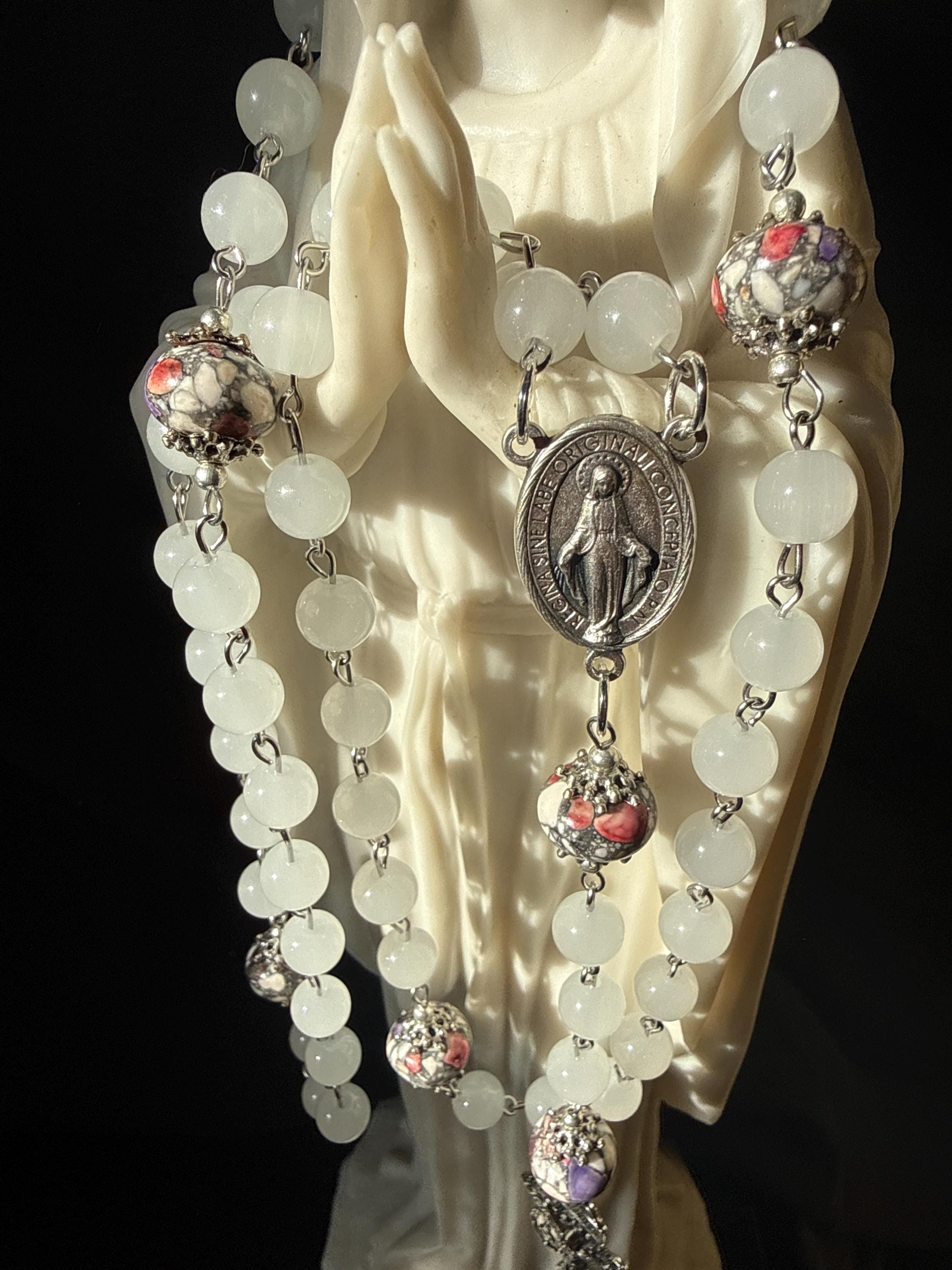 White Stone Rosary with Silver-Capped Accent Marble “Our Father” Beads.