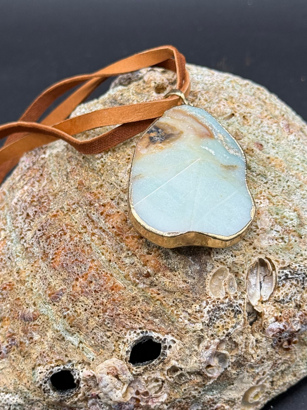 Raw Amazonite Slice Pendant Necklace on Brown Suede Cord – Handcrafted Electroplated Gemstone Jewelry