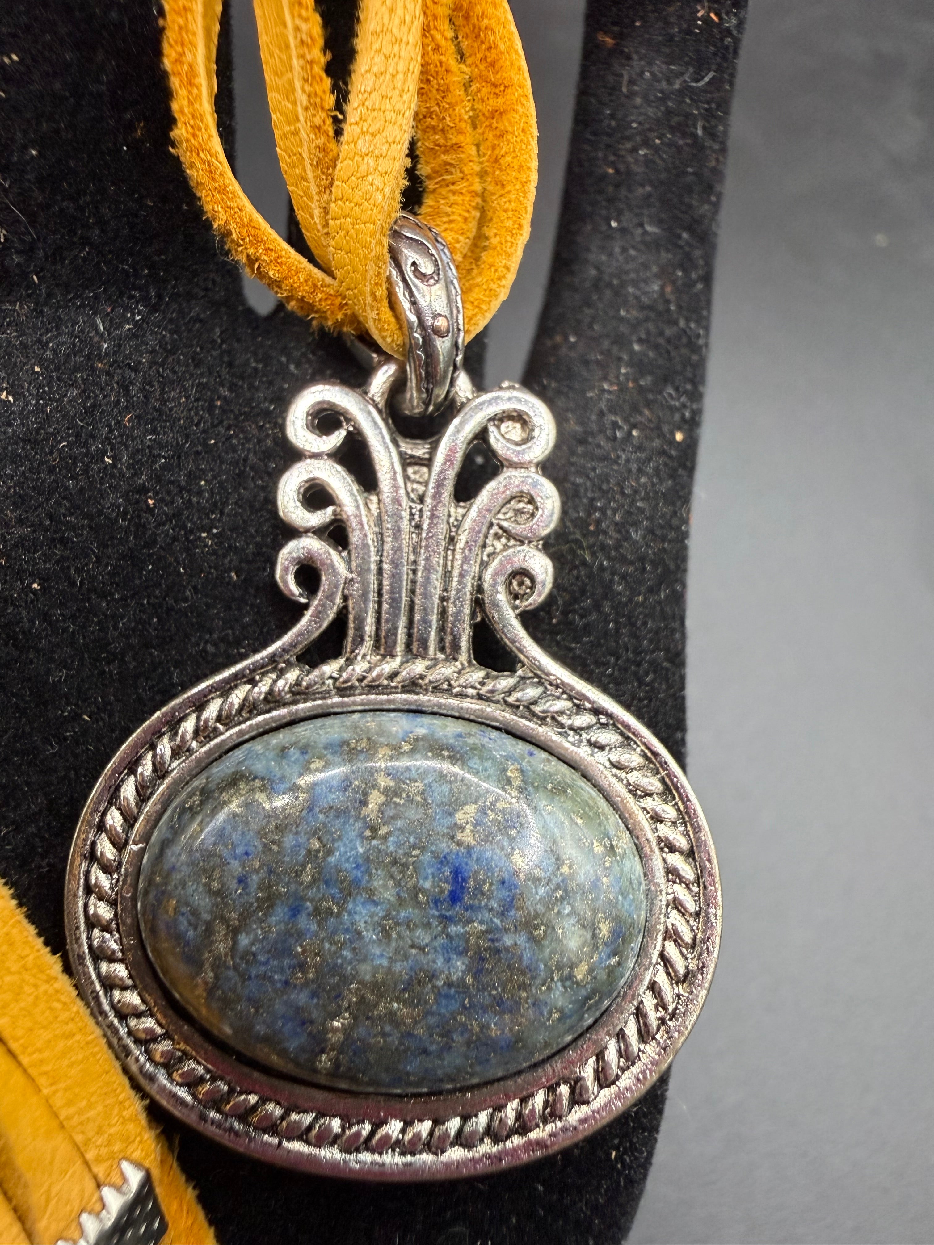 Boho Lapis Lazuli Oval Pendant Necklace, Ornate Silver Framed Blue Gemstone Charm, Double Strand Yellow-Ochre Suede Cord, Tribal Artisan Statement Jewelry