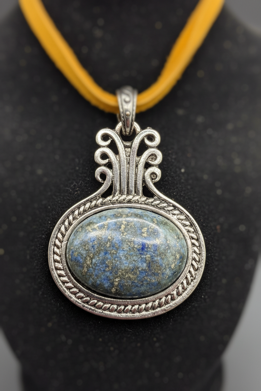 Boho Lapis Lazuli Oval Pendant Necklace, Ornate Silver Framed Blue Gemstone Charm, Double Strand Yellow-Ochre Suede Cord, Tribal Artisan Statement Jewelry