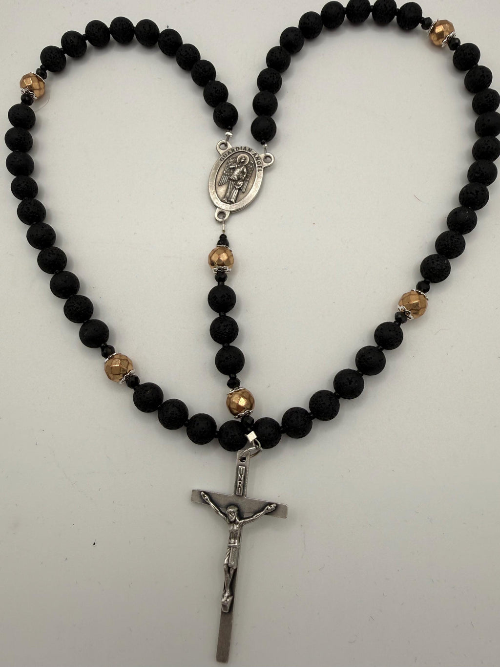Men's Lava Rock Rosary - Silver Guardian Angel & INRI Crucifix - Essential Oil Diffuser Rosary