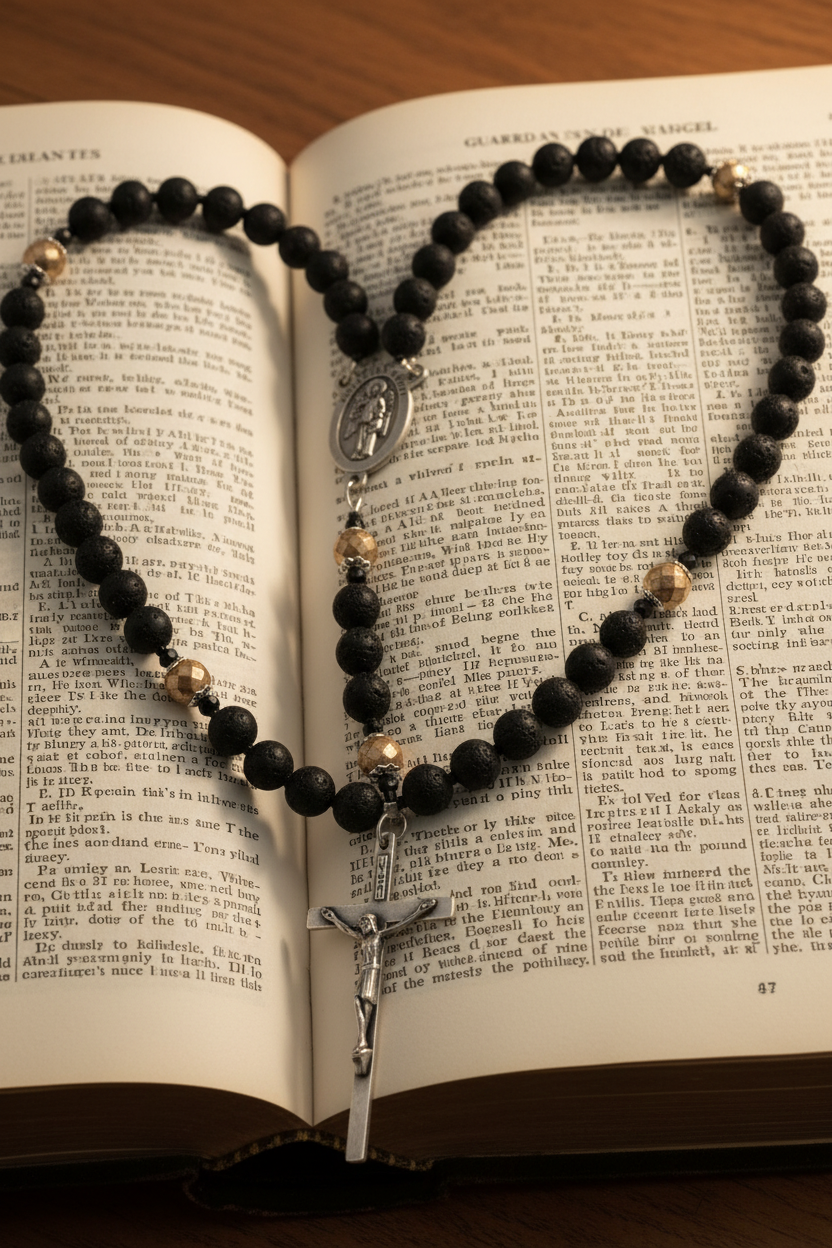 Men's Lava Rock Rosary - Silver Guardian Angel & INRI Crucifix - Essential Oil Diffuser Rosary