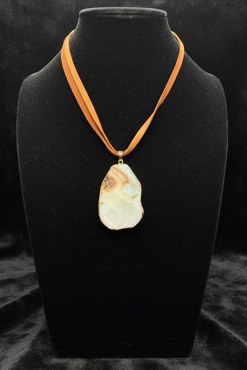 Raw Amazonite Slice Pendant Necklace on Brown Suede Cord – Handcrafted Electroplated Gemstone Jewelry