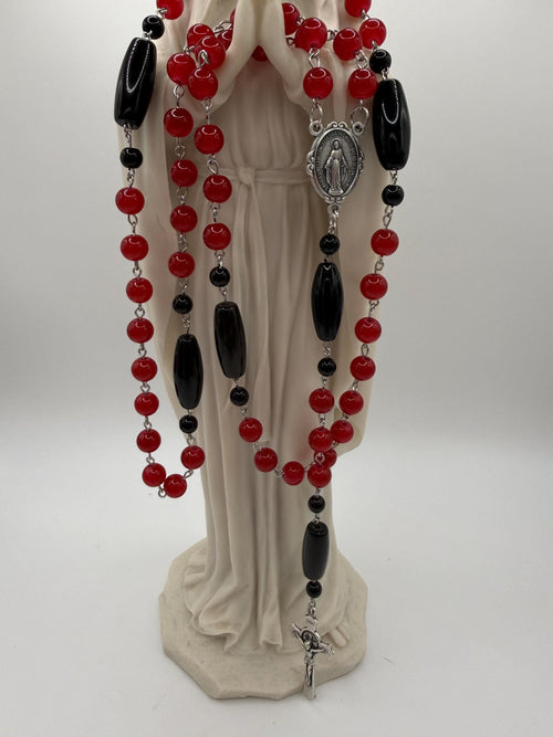 Catholic Red Glass Beads and Vintage Black Agate Beads