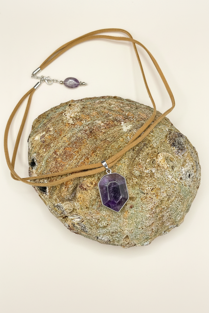 Raw Amethyst Crystal Pendant Necklace | Boho Multi-Strand Cord