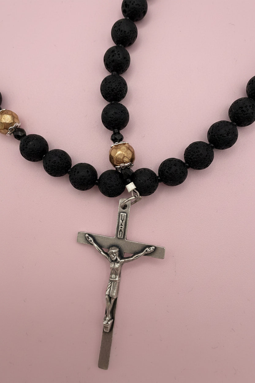 Men's Lava Rock Rosary - Silver Guardian Angel & INRI Crucifix - Essential Oil Diffuser Rosary