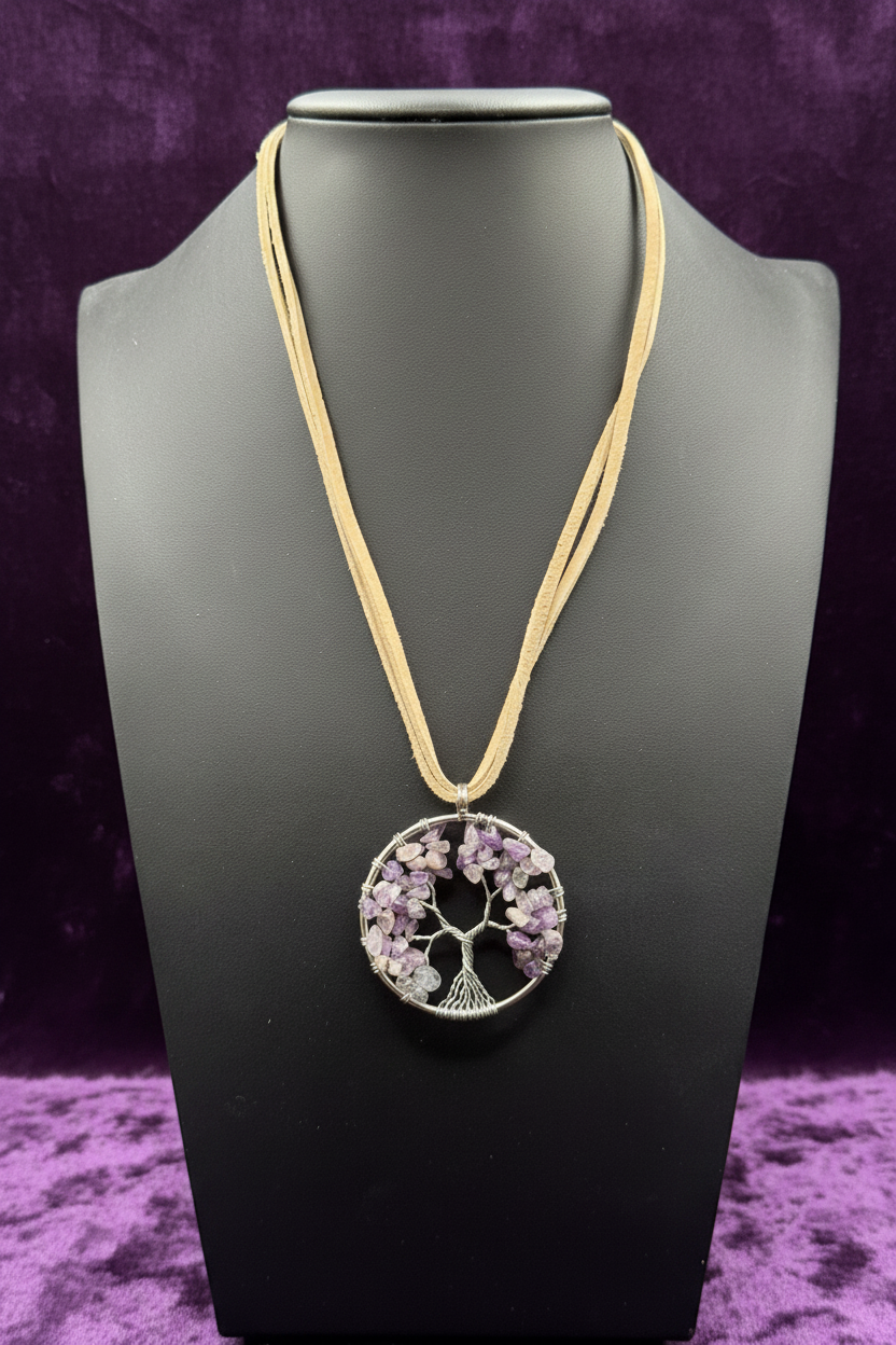 Boho Amethyst Tree of Life Wire Wrapped Pendant Necklace