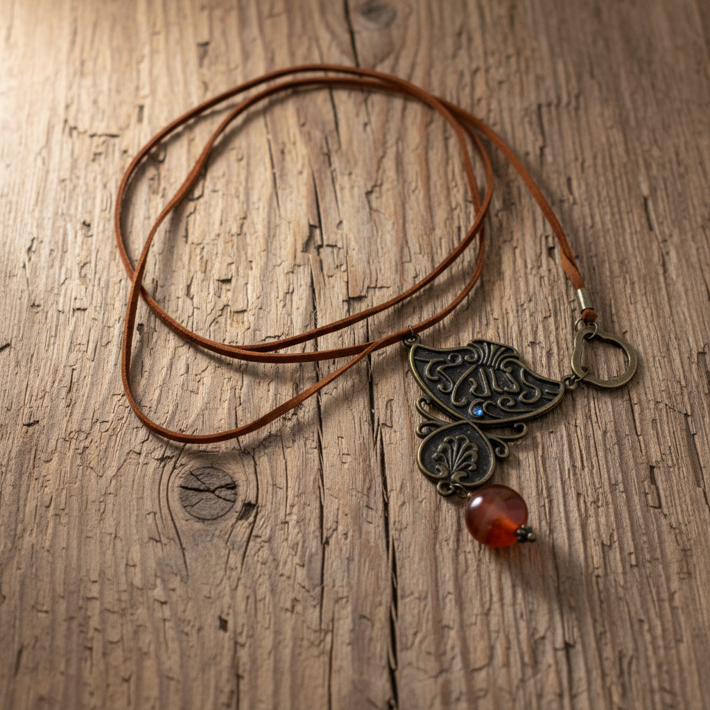 A bohemian-style necklace featuring a dark bronze filigree butterfly pendant, a round reddish-brown stone drop, and a brown cord, laid flat on a white background.