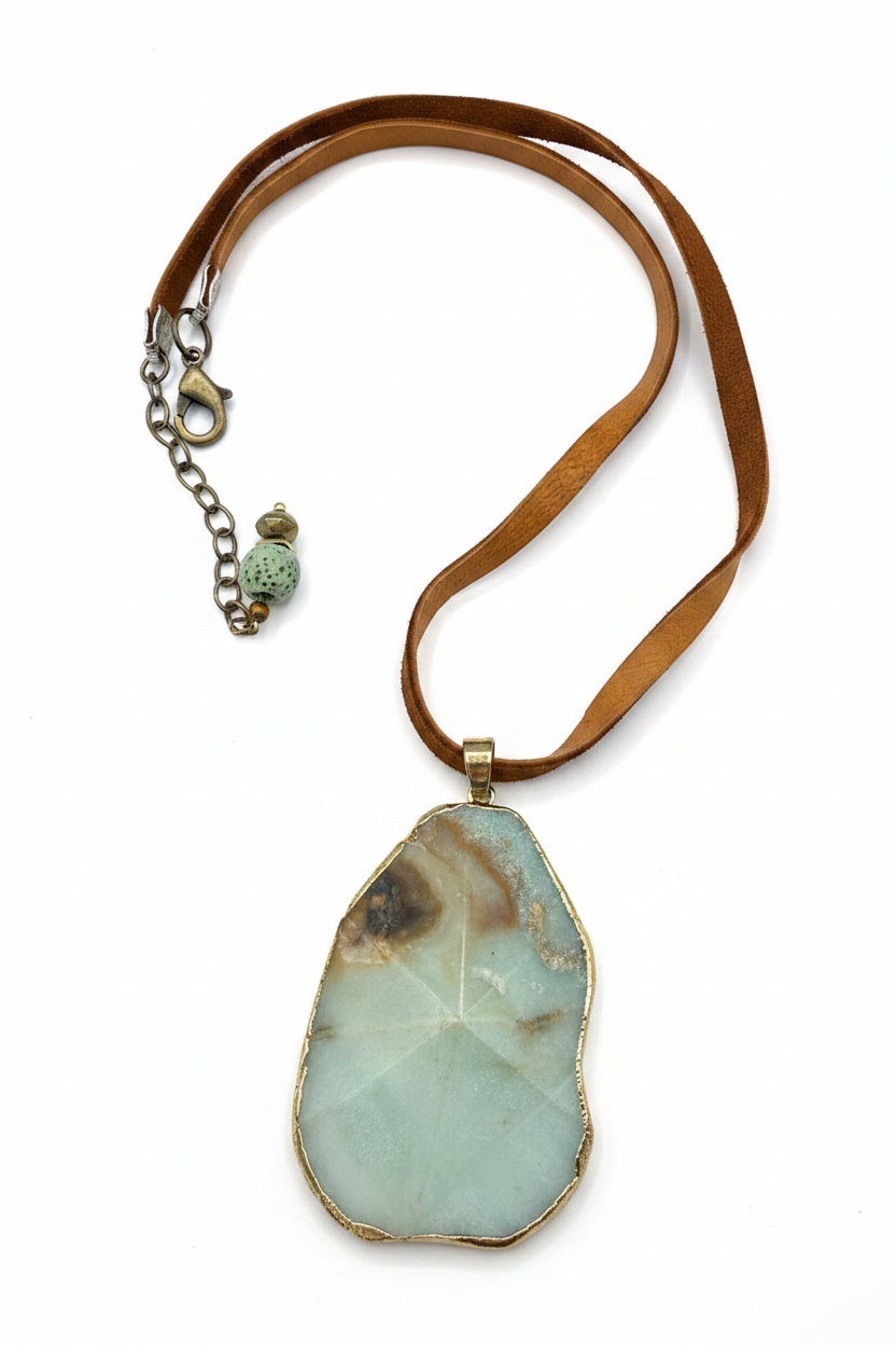 Natural Amazonite Stone Slice Pendant Necklace | Genuine Green Gemstone on Brown Leather Cord | Boho Chic Jewelry | Earthy Handmade Gift for