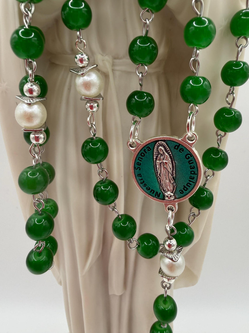 Emerald Green Glass Bead Rosary with Pearl Like Accents | Miraculous Medal Center | St. Benedict Crucifix