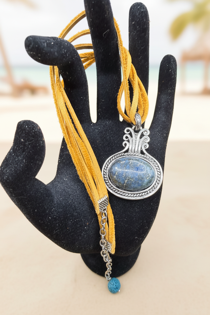 Boho Lapis Lazuli Oval Pendant Necklace, Ornate Silver Framed Blue Gemstone Charm, Double Strand Yellow-Ochre Suede Cord, Tribal Artisan Statement Jewelry